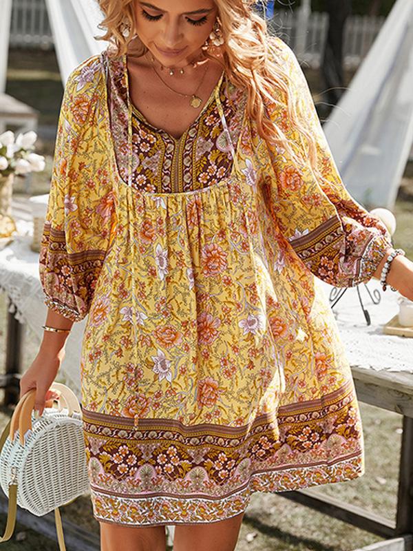 Bohemian Print Long-sleeved V-neck Tie Dress