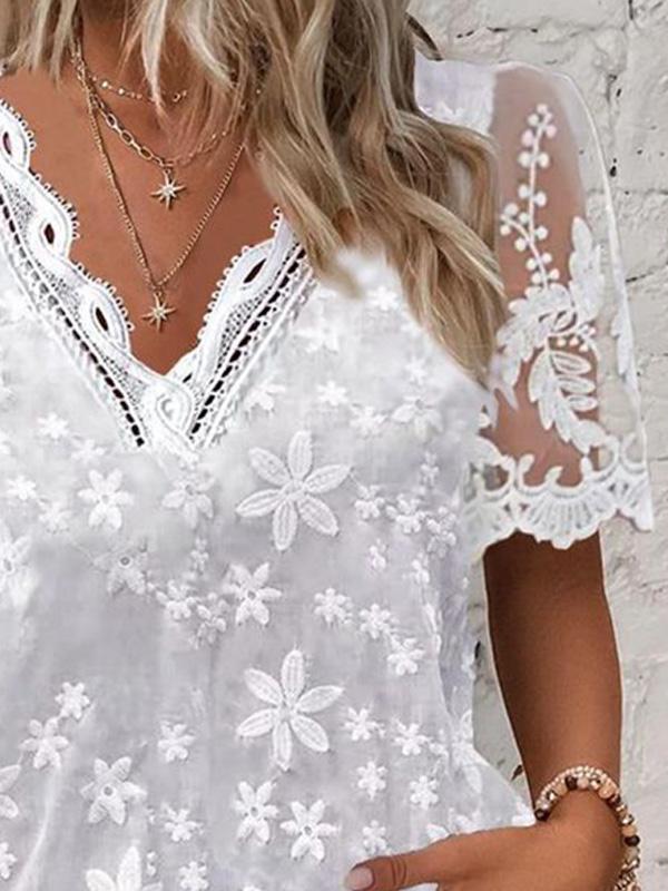 Embroidered Lace V-neck Lace Short-sleeved Pullover Shirt