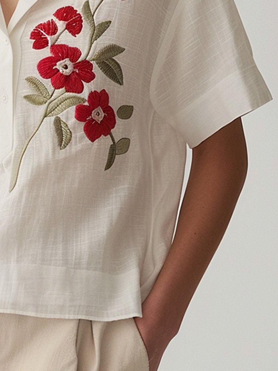 V-neck Embroidered Flower Short-sleeved Shirt