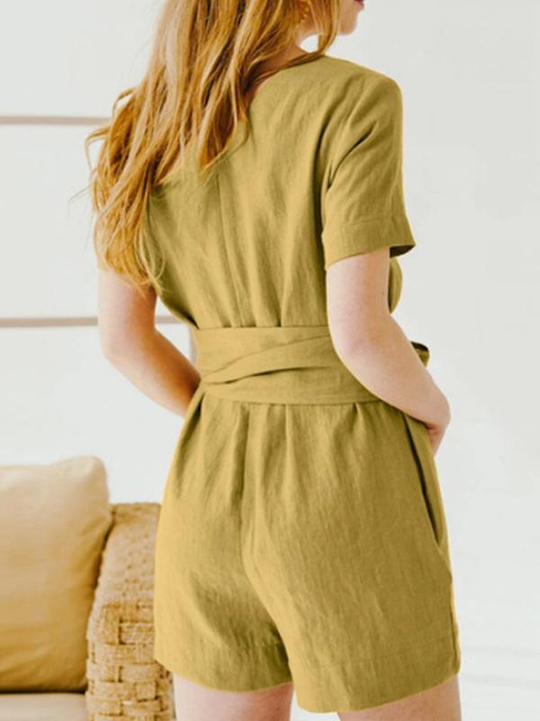 Casual Cotton and Linen Solid Color Belted Jumpsuit