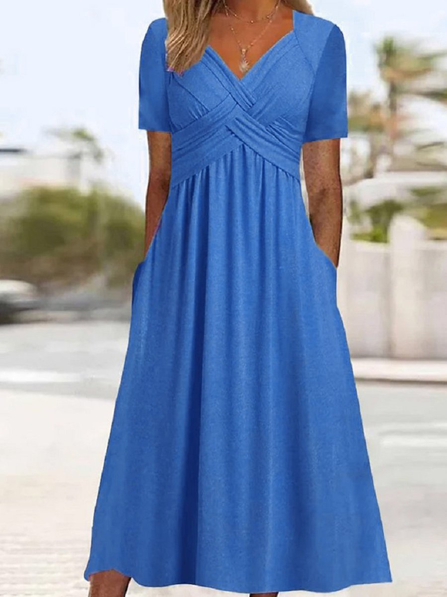 Women's Half Sleeve V-neck Solid Color Pockets Midi Dress