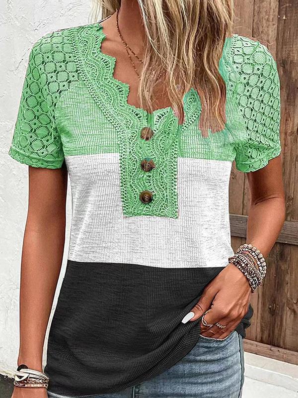 Lace Panel V-neck Short-sleeved T-shirt