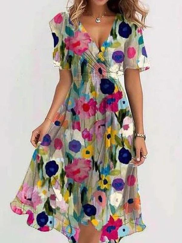 V-neck Chiffon Printed Midi Dress