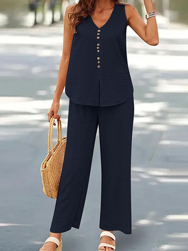 V-neck Casual Solid Color Printed Vest Wide-leg Pants Suit