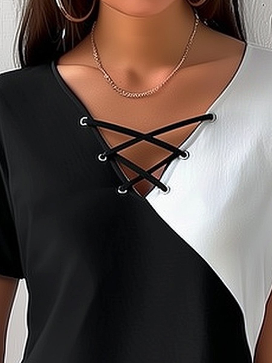 V-neck Tie Colorblock Short-sleeved Top