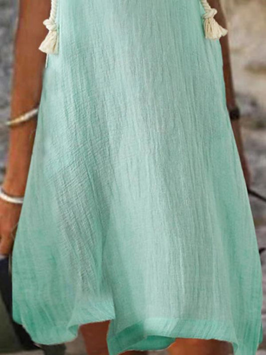 Cotton and Linen V-neck Solid Color Loose Midi Dress