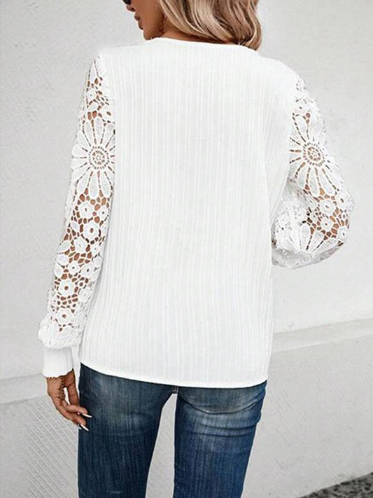 Solid Color V-neck Lace Long-sleeved T-shirt