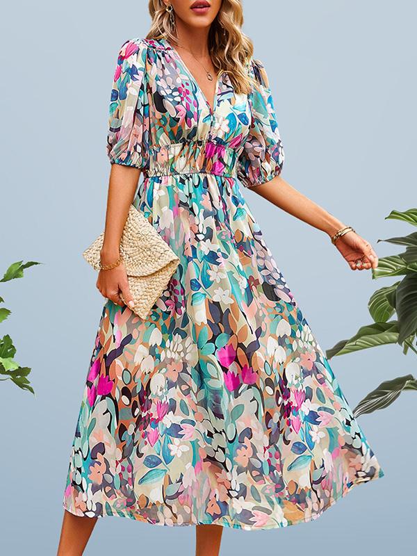 V Neck Floral Midi Dress