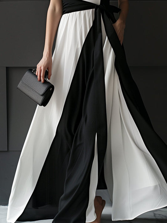 Elegant Halter Neckline Color-block Maxi Dress