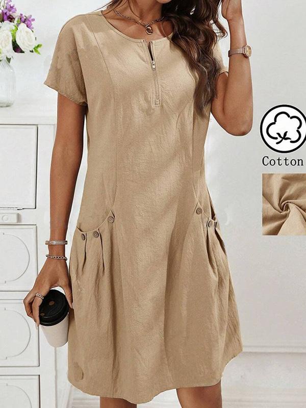 Cotton and Linen Slot Pocket Zipper Neck Short Sleeve Midi Dress