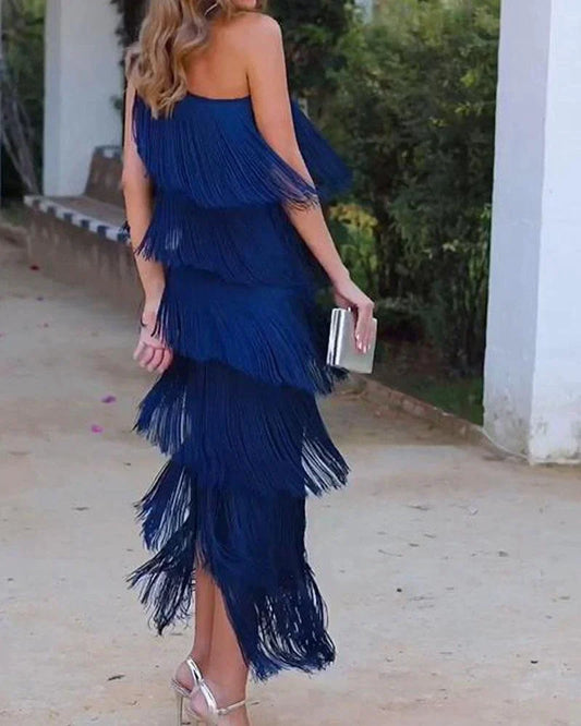 SARI - OFF SHOULDER ELEGANT FRINGE DRESS