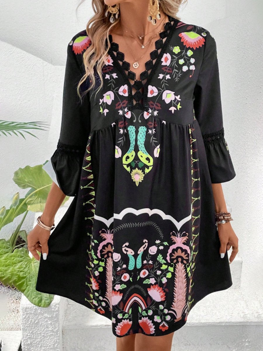 Hollow-out Lace Patchwork Ethnic Printed Dress