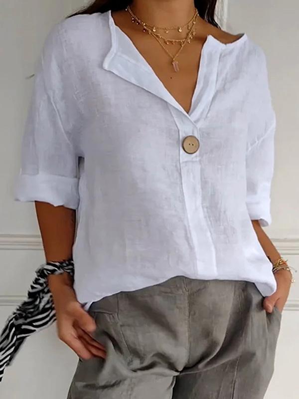 V-neck Cotton and Linen Buttoned Loose T-shirt