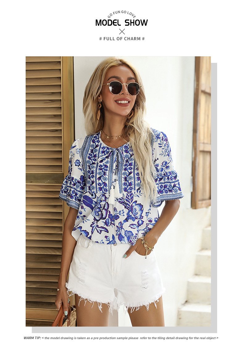 Women's Strappy Printed Bohemian Short-sleeved Shirt 19684748