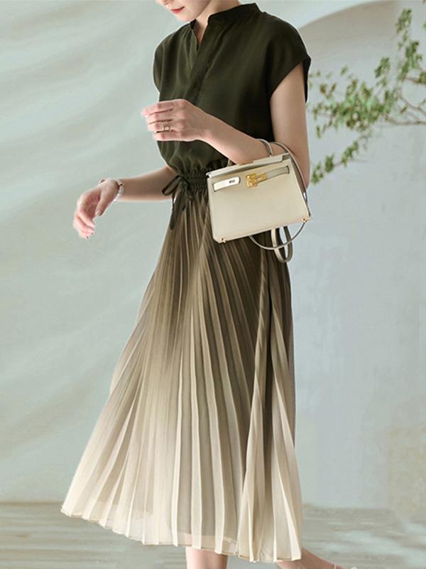 Pleated Gradient Tie Elastic Waist Dress