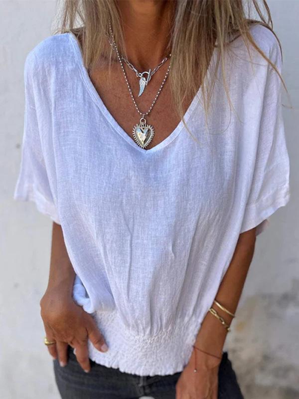 Loose V-neck Casual Cotton and Linen Top