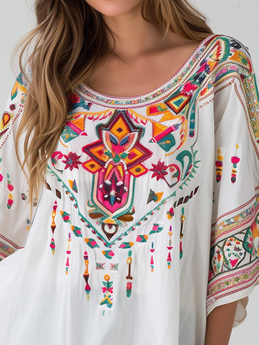 Embroidered Crew Neck Everyday Mid-length Sleeve Top