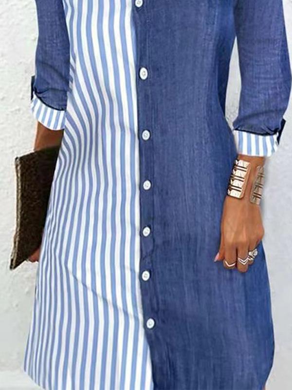 Striped Colorblock Long Sleeve Comfortable Casual Buckled Midi Shirt Dress