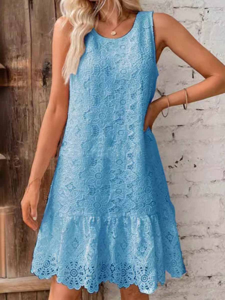 Round Neck Embroidered Sleeveless Ruffle Dress