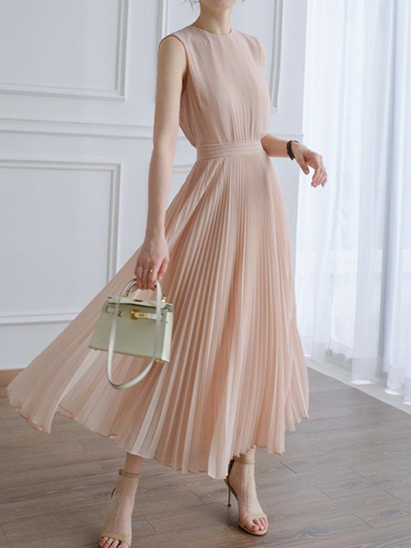 Gentle Pink Pleated Skirt High Waist Vest Dress