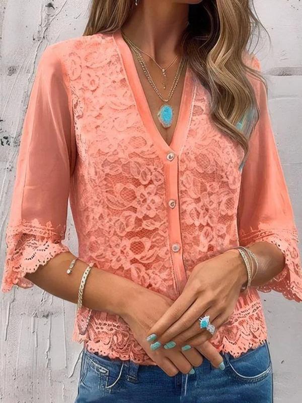 Lace Trim V-neck Cardigan Blouse