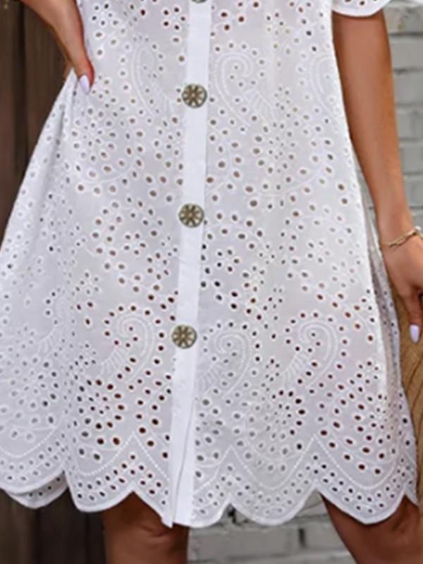 Pure Cotton Embroidered Large Button Solid Color Shirt Dress