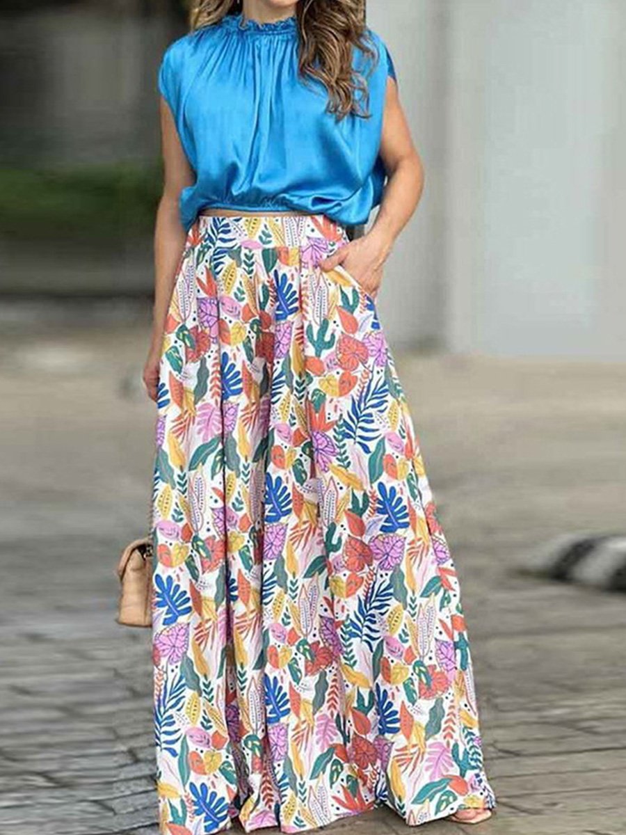 Simple Commuting High Waist Printed Wide Leg Pants Suit