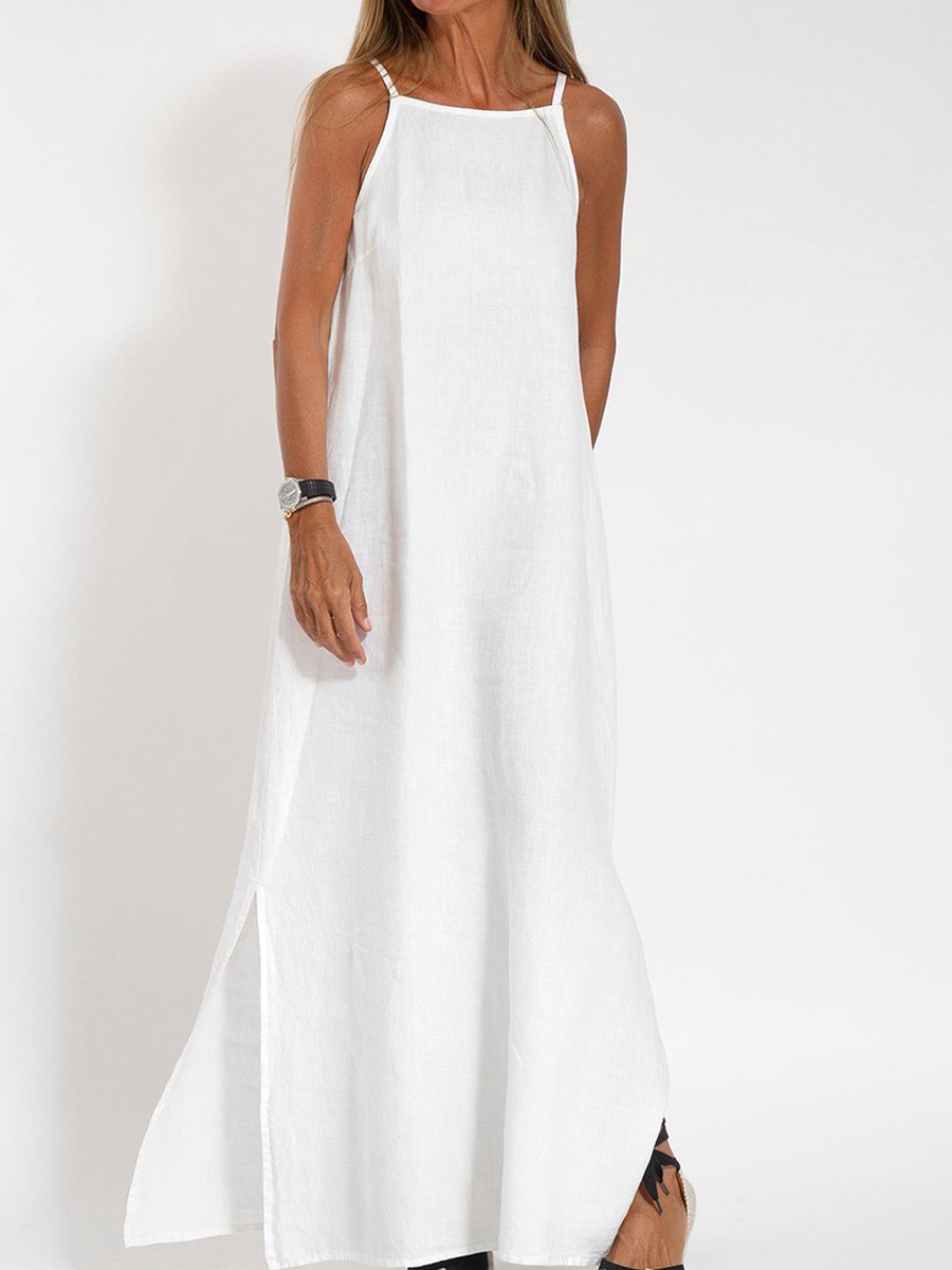 Fashionable Casual Cotton and Linen Slit Slip Dress