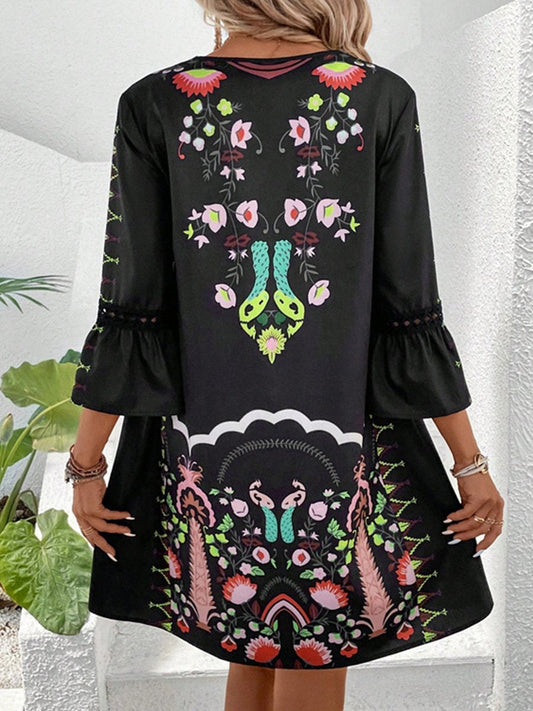 Hollow-out Lace Patchwork Ethnic Printed Dress