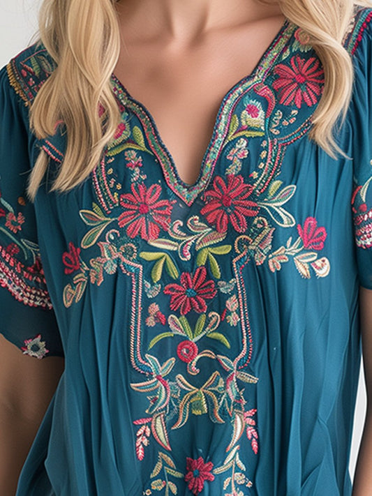 Embroidered V-neck Cotton and Linen Short-sleeved Top