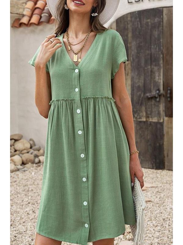 Cotton and Linen Short-sleeved Midi Dress