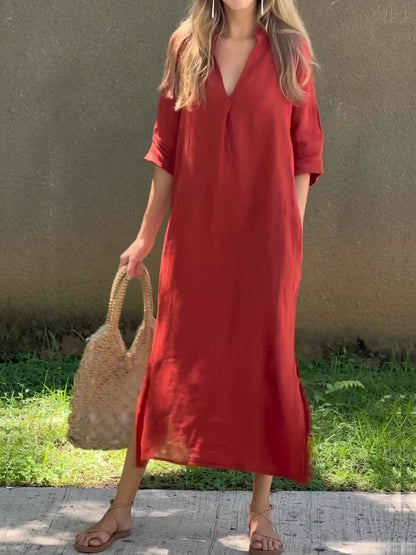 Women's Solid Color V-Neck Linen Pocket Dress