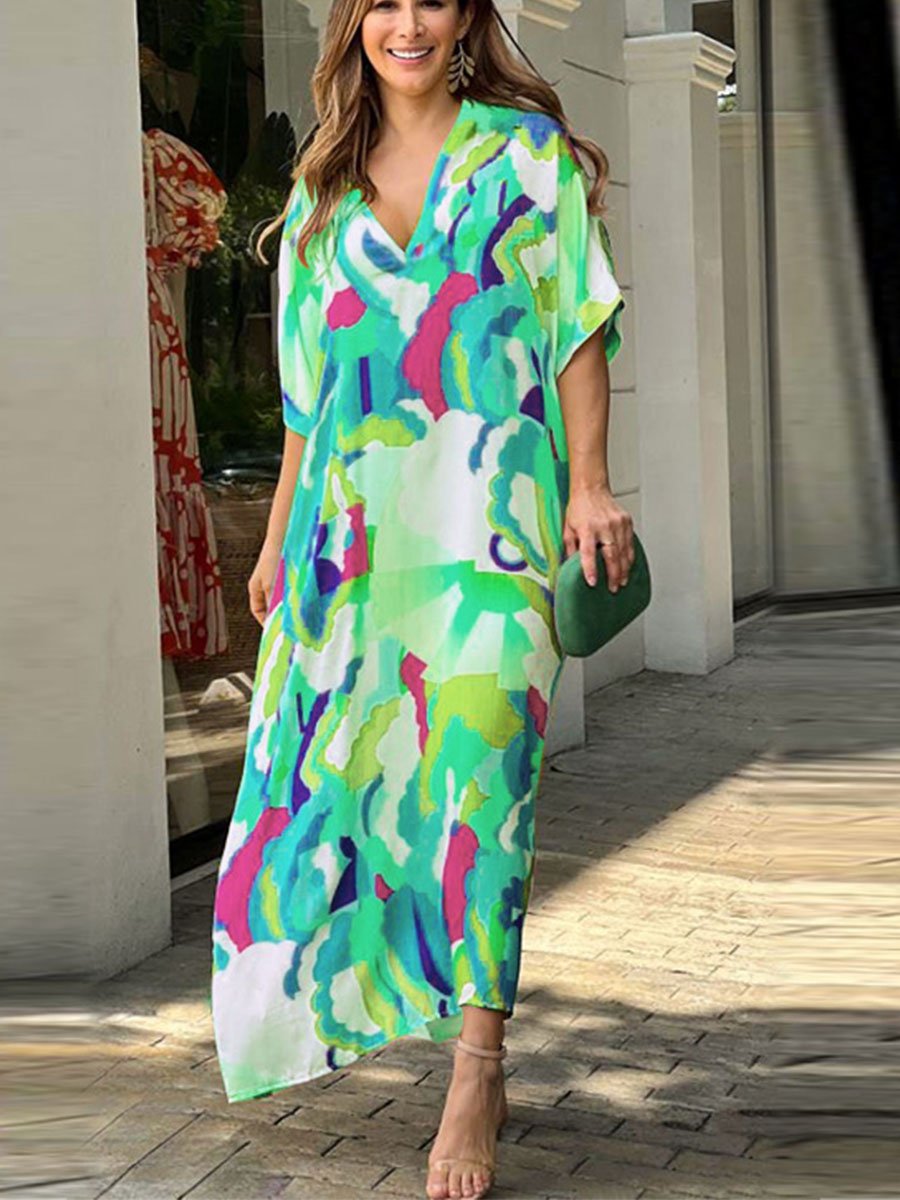 Printed Short Sleeved Long Dress