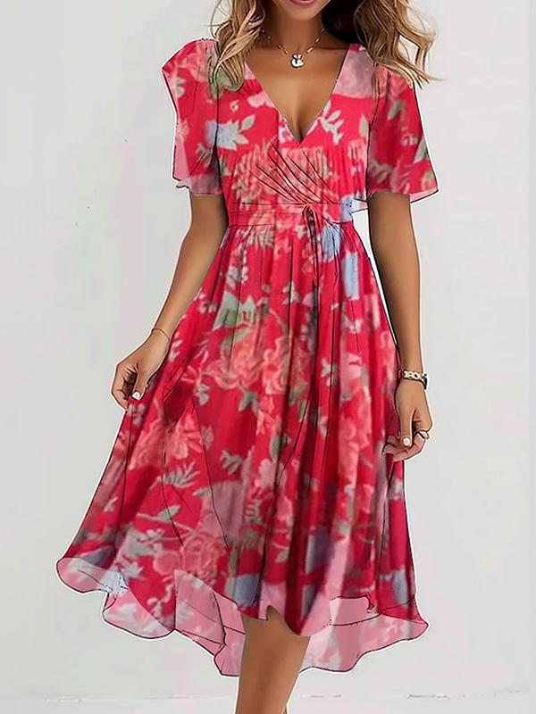 V-neck Chiffon Printed Midi Dress