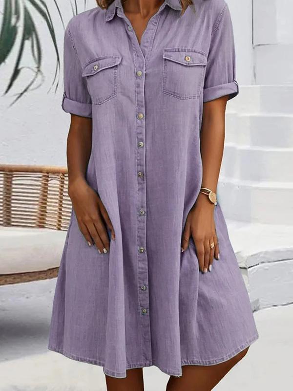 Short Sleeve Shirt Collar Solid Button Midi Dress