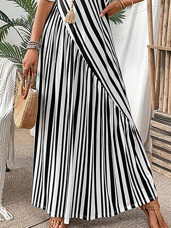 Casual Black and White Color Block V-neck Dress