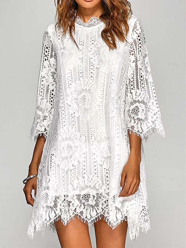 Solid Color Lace Embroidered Shift Dress