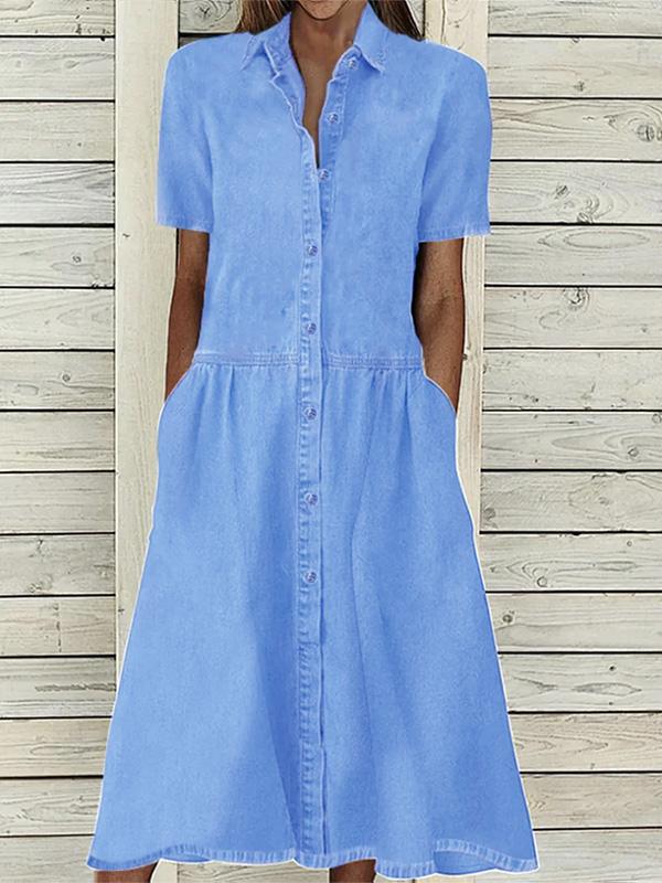 Cotton and Linen Mid-length Sleeve Waisted Solid Color Shirt Midi Dress