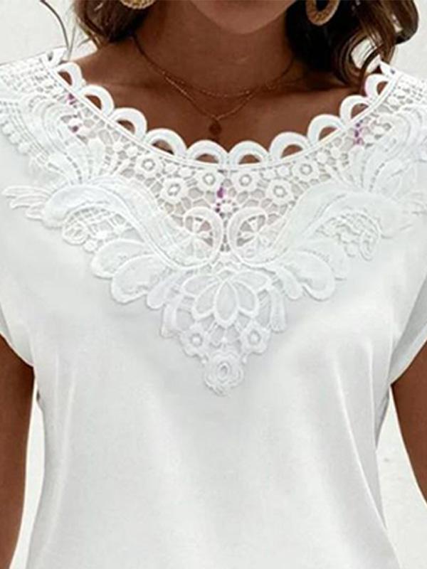 Fashionable Casual Lace Round Neck Bat Sleeve T-Shirt