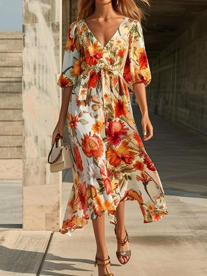 V Neck Printed Resort Midi Dress