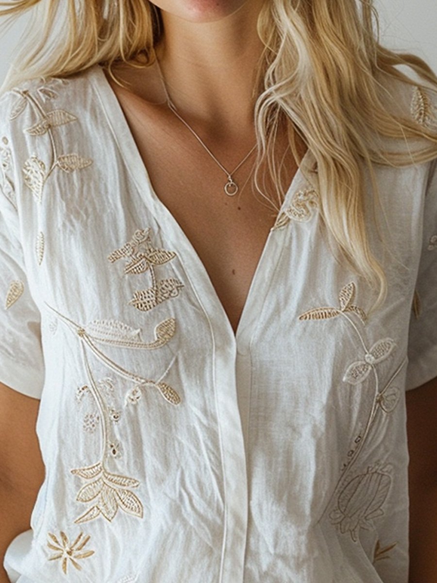 Cotton and Linen Embroidered V-Neck Short Sleeve Shirt