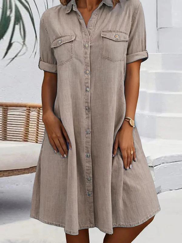 Short Sleeve Shirt Collar Solid Button Midi Dress