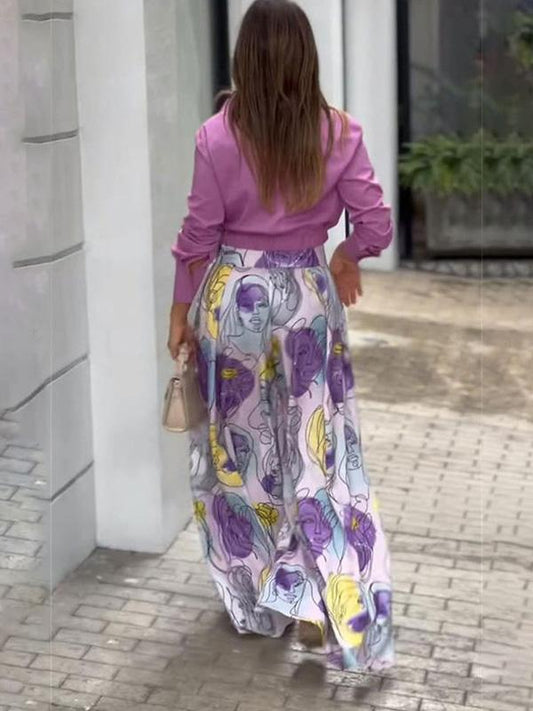 Casual Shirt and Printed Wide-leg Pants Set