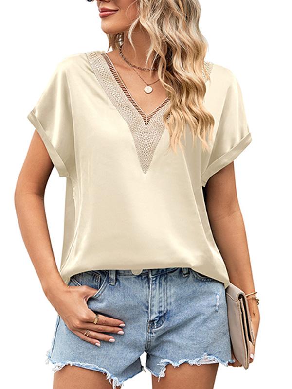 V-neck Lace Satin Short-sleeved Shirt 32097841