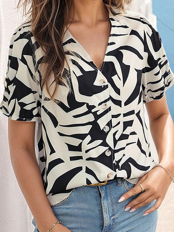 Pullover V-neck Printed Short-sleeved Shirt 85278891