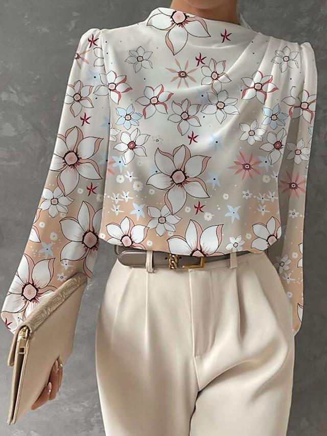 Half-high Neck Lantern Sleeve Printed Blouse