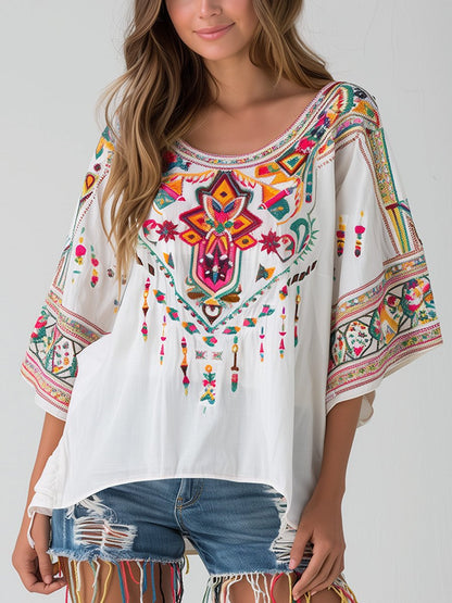 Embroidered Crew Neck Everyday Mid-length Sleeve Top