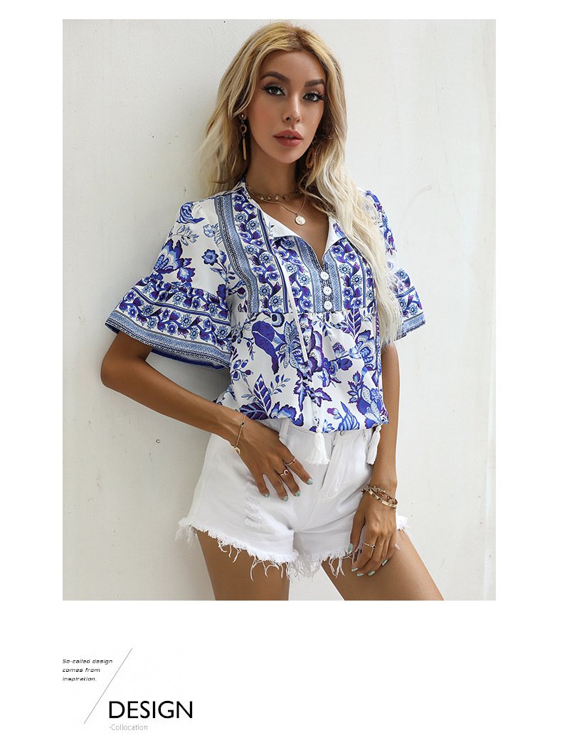 Women's Strappy Printed Bohemian Short-sleeved Shirt 19684748