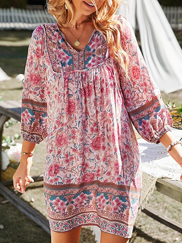 Bohemian Print Long-sleeved V-neck Tie Dress