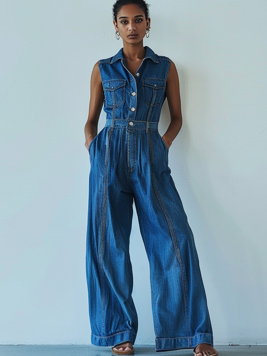 Loose Casual Pocket Elastic Waist Vintage Denim Jumpsuit